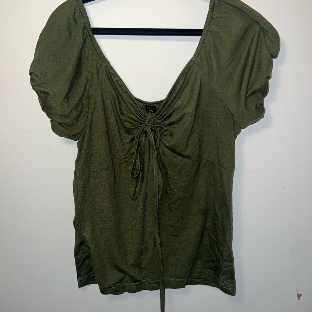 SHEIN Olive Green Tie-Front puff off the shoulder Top
